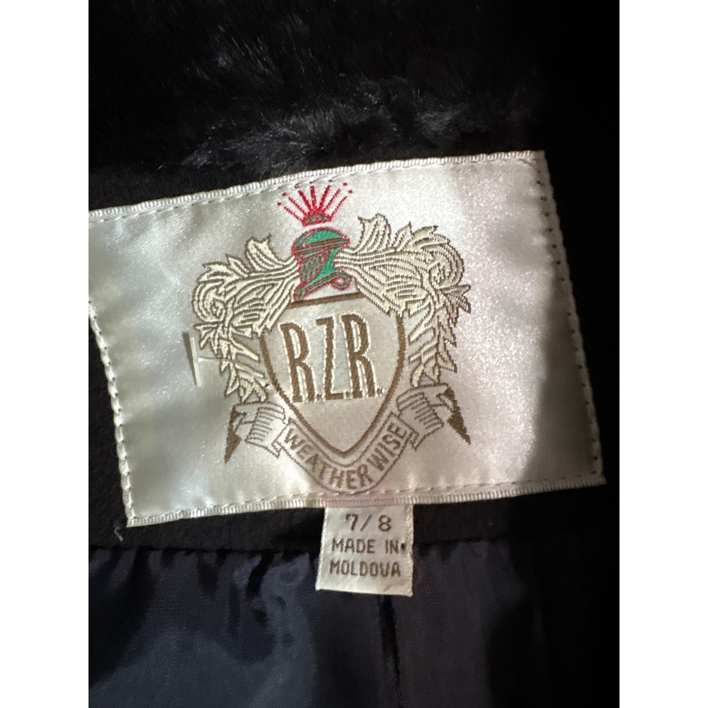 Vintage RZR Weather Wise Black 100% Wool Long Coat Faux Fur Collar Size 7/8 - Picture 2 of 8